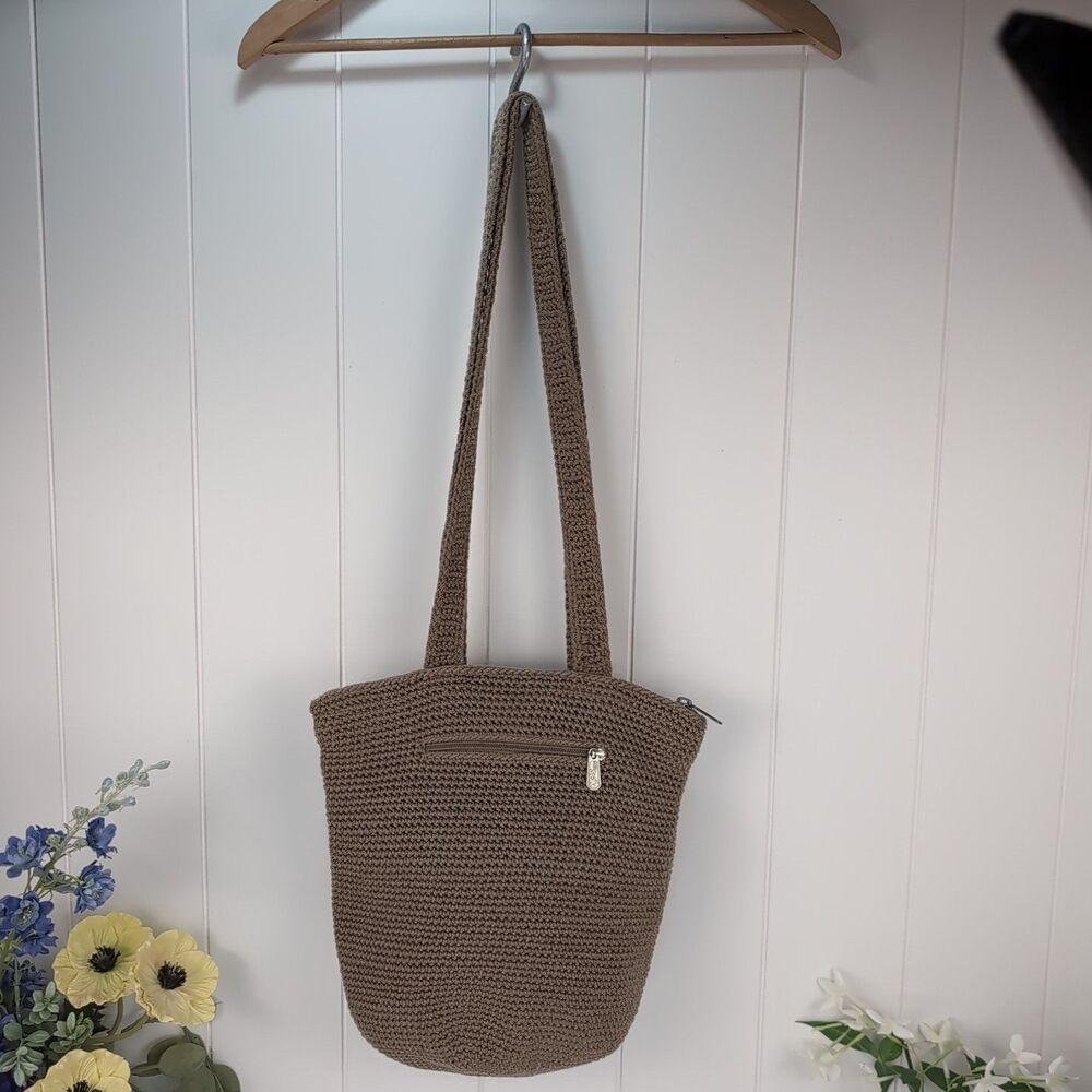 The SAK Lumi Hand Crochet Boho Shoulder Bucket Handbag Purse Tote Taupe Brown - Picture 2 of 11